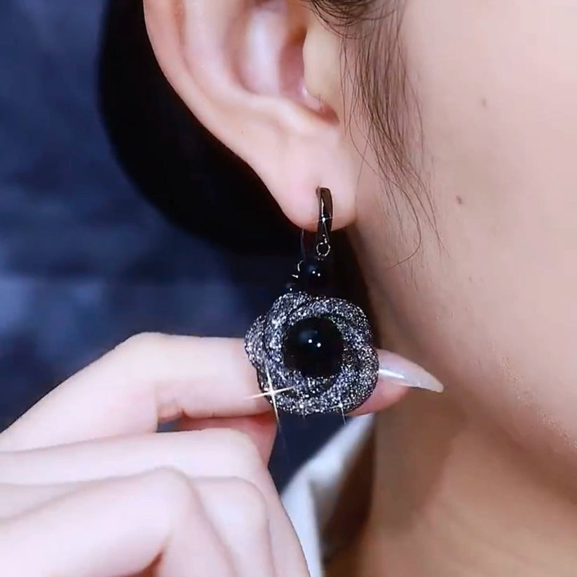 Black Flower crystal earrings