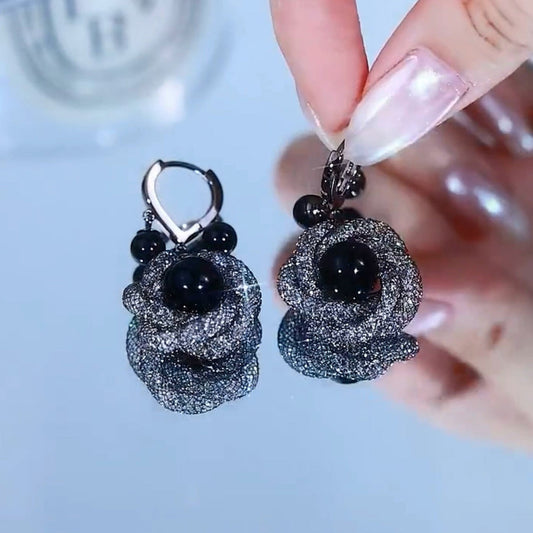 Black Flower crystal earrings